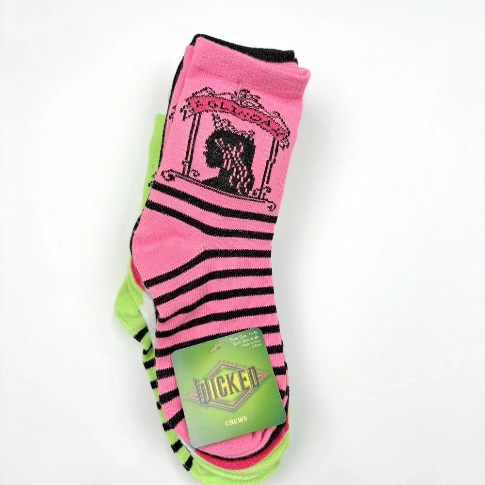 NWT Girls Crew Socks Shoe Size 7.5–3.5 Elphaba Galinda Oz Witchy 5 Pairs